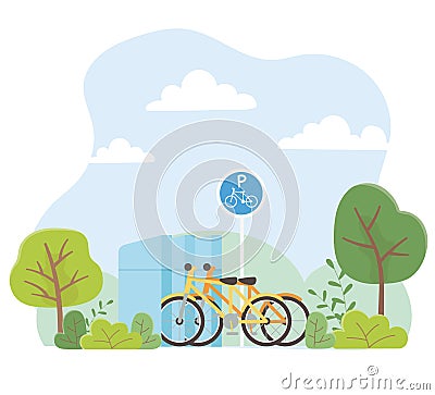 Urban ecology parking bicycles transport park trees nature Vector Illustration