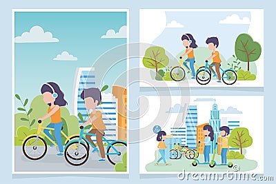 Urban ecology people bike riders and electric scooters transport city Vector Illustration