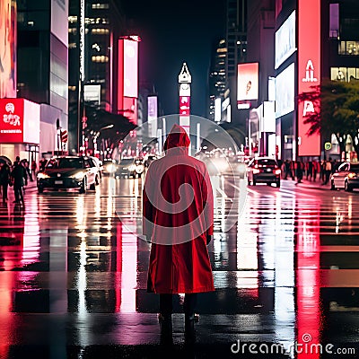 Urban Elegance: 8K Portrait of a Black Man in a Red Raincoat at a Bustling Crosswalk in Buenos Aires, Argentina Stock Photo