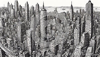 Urban Elegance: Pen and Ink Drawing of a Cityscape with Towering Skyscrapers Stock Photo
