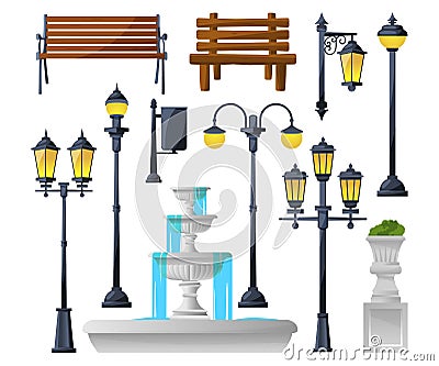 Urban elements set. Street lamps, fountain, park benches and wastebaskets. Vector illustration Vector Illustration