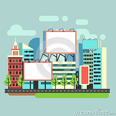 Urban empty advertisement billboards in flat city vector illustration Vector Illustration