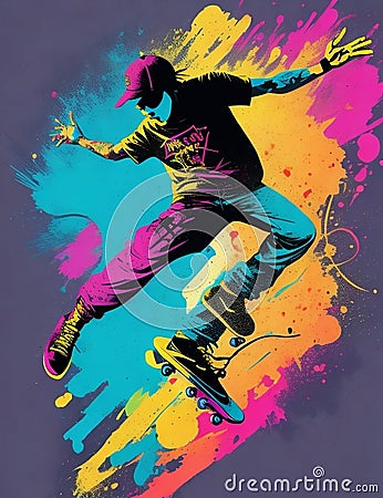 Urban Energy: Vibrant Graffiti Skater Ready-to-Print Art Stock Photo