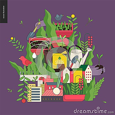Urban farming and gardening collage Vector Illustration