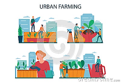 Urban farming or gardening concept set. City agriculture. People Vector Illustration