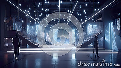 Urban fashion, empty show stage, large spacious interior with various lights, AI generative Stock Photo