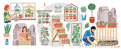 Urban gardening collection. People living in city cultivating plants, growing crops or vegetables in pots at home or on Vector Illustration