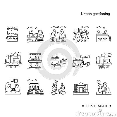 Urban gardening line icons set. Editable Vector Illustration