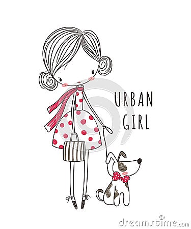 Urban girl with dog. Fashion illustration for clothing Vector Illustration