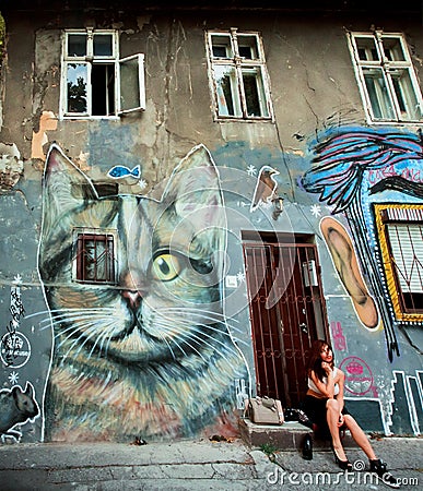 Urban grafitti art on the wall of abandoned house in center of city Editorial Stock Photo