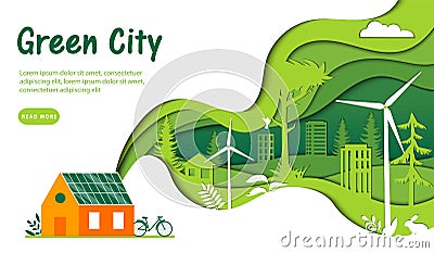 Urban Green City Concept. Huge Green Wave With Green City And Nature Pictured Inside Connecting To The House With Solar Vector Illustration