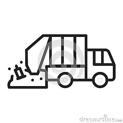 Urban green garbage truck line black icon. Residential and commercial waste. Outline pictogram for web page, mobile app Vector Illustration