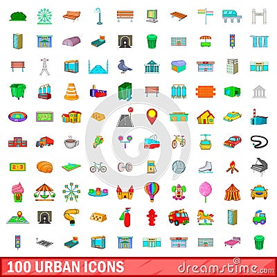 100 urban icons set, cartoon style Vector Illustration