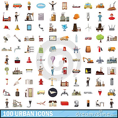 100 urban icons set, cartoon style Vector Illustration