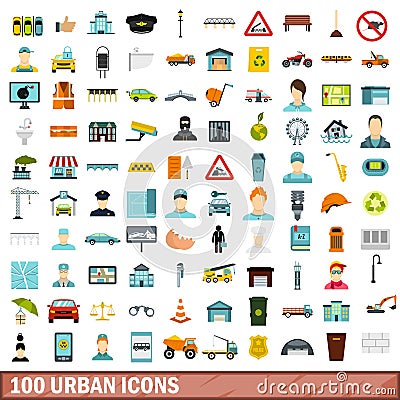 100 urban icons set, flat style Vector Illustration