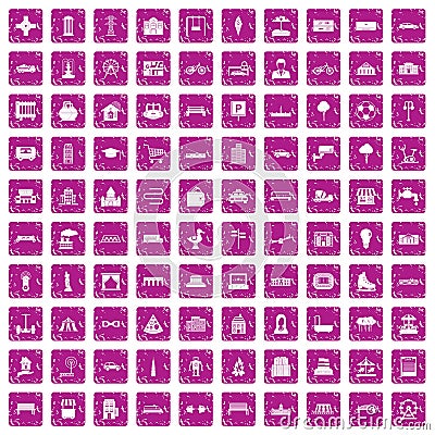 100 urban icons set grunge pink Vector Illustration