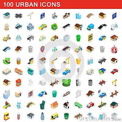 100 urban icons set, isometric 3d style Cartoon Illustration