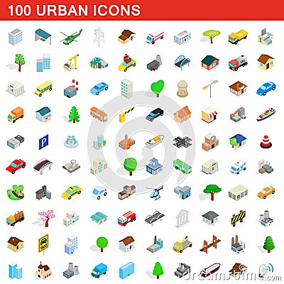 100 urban icons set, isometric 3d style Cartoon Illustration