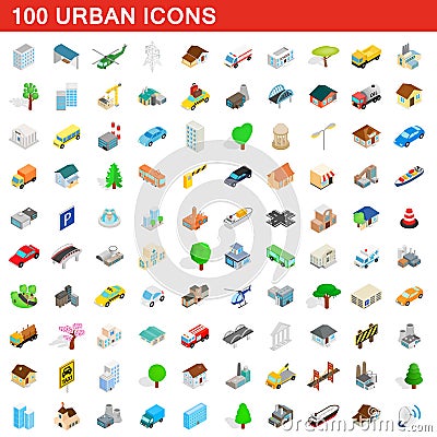 100 urban icons set, isometric 3d style Vector Illustration