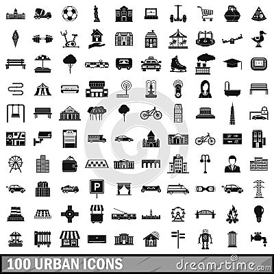 100 urban icons set, simple style Vector Illustration