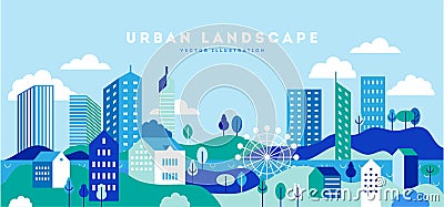 WebUrban illustration with copy space for text. Simple minimal geometric flat style - vector city landscape with buildings, hills Vector Illustration