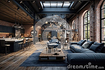 Urban industrial loft style living room with dark blue color scheme and high ceilings Stock Photo
