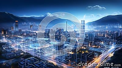 Urban industrial night screen with holographic control lines Stock Photo