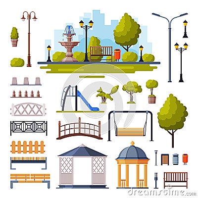 Urban Infrastructure Design Elements Collection, City Public Park Objects Flat Style Vector Illustration on White Vector Illustration
