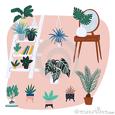 Urban jungle interior hand drawn cartoon style vector concept illustration with retro dressing table, shelf and Vector Illustration