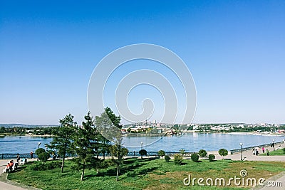 Urban landscape. Blue Angara river in City of Irkutsk Stock Photo