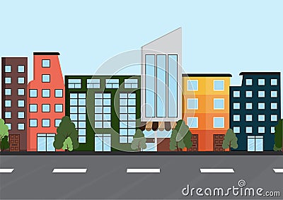 Urban landscape with building, trees and road. Vector Illustration