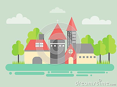 Urban landscape.City architecture in a minimalist style flat.Buildings with the tree Vector Illustration