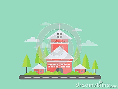 Urban landscape.City architecture in a minimalist style flat.Buildings with the tree. Vector Illustration