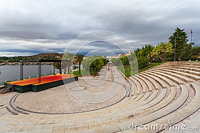 Urban landscape of the city of Mirandela in the north of Portugal. Panoramic view of the banks of the river Tua with the tradition Stock Photo