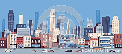 Urban landscape or cityscape with buildings, skyscrapers and transport riding along road. Big city life. Street view of Vector Illustration