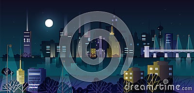 Urban landscape or cityscape with modern buildings and skyscrapers illuminated by street lights at night. City skyline Vector Illustration