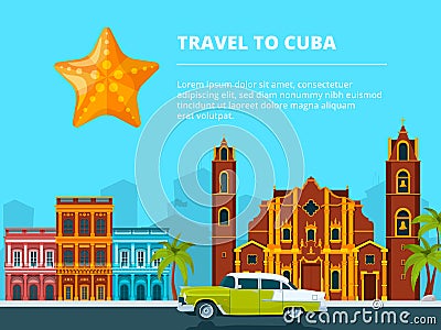 Urban landscape of cuba. Different historical symbols and landmarks Vector Illustration