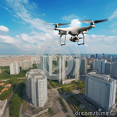 Urban landscape and drone weapon flying under city. Military technology, buildings, civilian town, blue summer sky Stock Photo