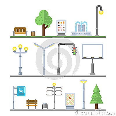 Urban landscape icons. Traffic lights lanterns, bench and fountain street elements Vector Illustration