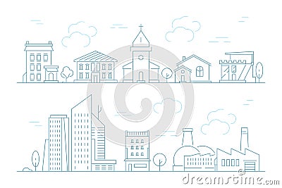 Urban landscape linear. Small town with buildings city houses exterior vector thin line pictures Vector Illustration