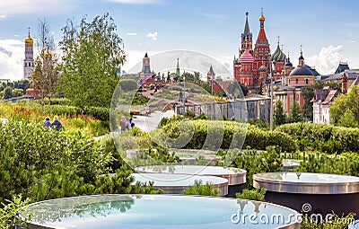 Urban landscape of Moscow, Russia. Landscaped design in Zaryadye Park near Moscow Kremlin, beautiful scenic view of Moscow city Editorial Stock Photo