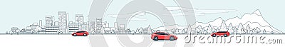 Urban Landscape Panorama Street Road with Cars and City Nature B Vector Illustration