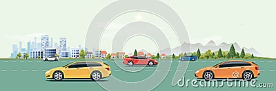 Urban Landscape Street Road with Cars and City Nature Background Vector Illustration