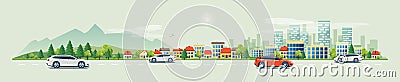 Urban Landscape Street Road with Cars and Mountain City Skyline Vector Illustration