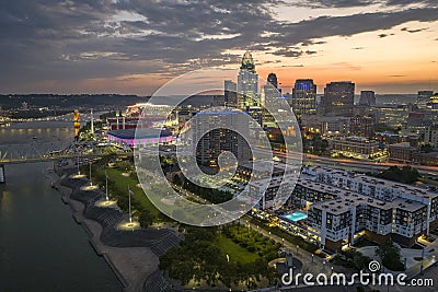 Urban landscape USA. Downtown district of Cincinnati in Ohio state at night. American city skyline with brightly Stock Photo