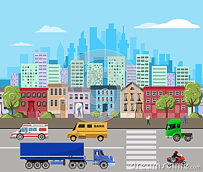 Urban landscape vector illustration with modern city skyscrapers and suburban buildings, urbanisation concept. Cityscape Vector Illustration