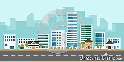 Urban landscape vector with modern buildings and suburb with private houses on a background. Housing apartment and city life. Vector Illustration