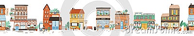 Urban landscape or view of European city street with stores, shops, sidewalk cafe, restaurant, bakery, coffee house Vector Illustration