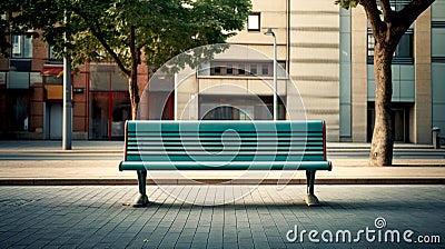 Urban landscape where the bench becomes an contrast between city motion and their stillness. Banner. Generative Ai Stock Photo