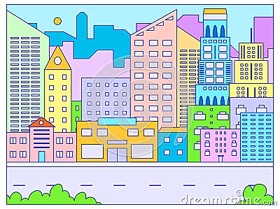 Urban large city landscape, townscape concept town road, megalopolis view cartoon line vector illustration. Cosmopolitan Cartoon Illustration